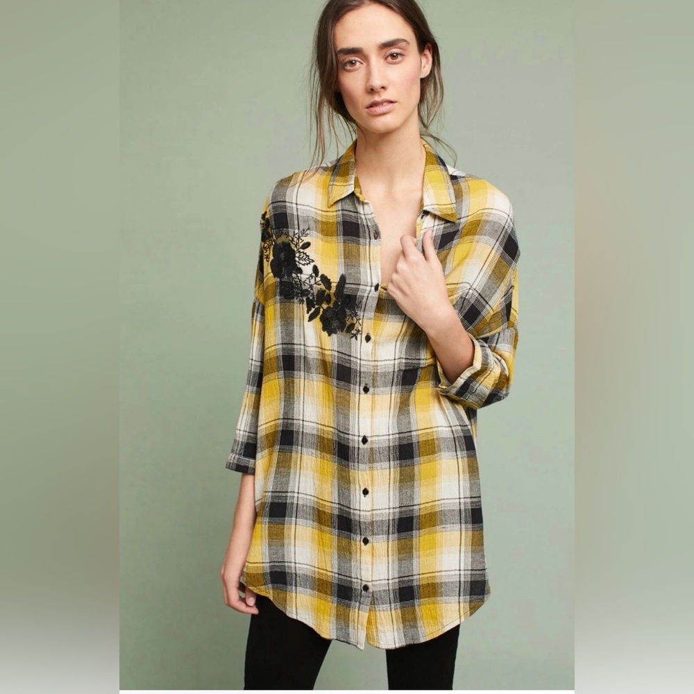 Maeve Anthropologie yellow and black plaid oversized tunic XS/S Embroidered New